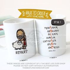 two coffee mugs with the same cartoon character on them, one is holding a sheep