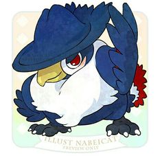 a blue bird wearing a hat and holding a flower in it's beak, with the words must nabiecti written below