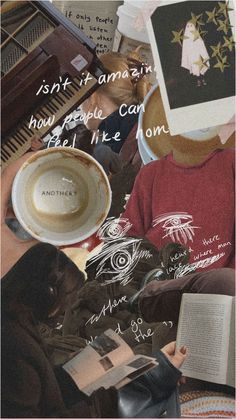 a collage of photos with coffee, books and other things on it that include an image of a woman sitting in front of a piano