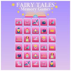 the fairy tales memory game is shown in pink and purple tones with icons on it