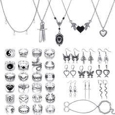 PRICES MAY VARY. PUNK JEWELRY SET: Includes 5 gothic necklaces, 9 pairs of earrings (such as snake, sword, spider, butterfly earrings), 24 stackable knuckle rings (such as evil eye, ace of spades, taiji, snake ring), 1 hippie chain bracelet, a great value set. VINTAGE SILVER JEWELRY FOR WOMEN OR MEN: Our multi-layer chain necklaces and vintage goth rings are made of high-quality alloy materials. It can maintain the color for a long time, not fade, hypoallergenic, lead and nickel-free. ALTERNATIV Horror Jewelry, Emo Jewelry, Emo Accessories, Goth Ring, Goth Horror, Grunge Accessories, Grunge Jewelry, Vintage Silver Jewelry, Y2k Accessories