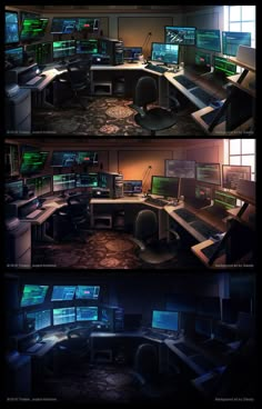 the inside of a computer room with multiple monitors and screens on it, all in different positions