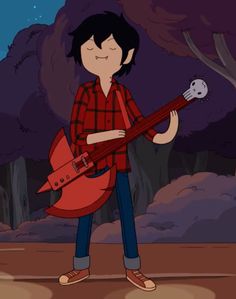 a cartoon character holding a guitar in front of a forest with trees and stars on the night sky