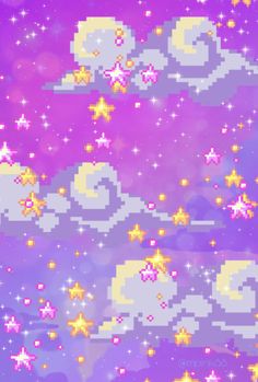 an image of some stars and clouds in the night sky with purple hues, yellow and pink colors