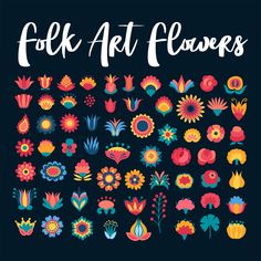 the folk art flowers poster is shown in bright colors