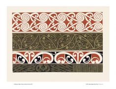 three different designs in red, brown and black on white paper with an intricate design