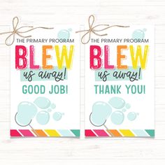 "\"The Primary Program BLEW Us Away! Good Job!\" and \"The Primary Program BLEW Us Away! Thank You!\" Use this tag to tell the primary kids and primary teachers how much you appreciate them!  Attach to any type of bubbles or bubble wand! - Instant Download - Easy to Use - Comes with 2 wording options 📩 *THIS IS THE DIGITAL DOWNLOAD VERSION* 📩 Your download comes with: 2 PDFs  GET STARTED: 1. Purchase 2. Download (Under your \"purchases\" in your Etsy account OR from your purchase receipt) 3. P Lds Primary Gifts, Primary Program, Bubble Gift, Bubble Wand, Kids Rewards, Lds Primary, Bubble Wands, Love Coupons, Primary Teachers