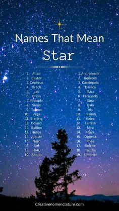 the names that mean star in front of a night sky with stars and trees on it