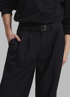 Color: Black  Midweight woven fabric  Regular fit  Straight leg Pleated front detailing  Slant hip pockets  Belt loops  Zip fly  Hook and bar closure  Lined  70% Polyester 30% Rayon  Dry Clean By The Frankie Shop. Imported Pleated Pants Men, Denim Suit, Frankie Shop, Paris Woman, Mens Dress Pants, Pleated Pants, Black Dress Pants, Loose Dress, Swimwear Accessories