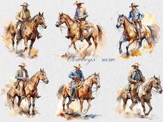 watercolor painting of cowboys riding horses