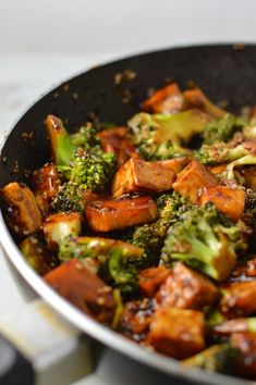 broccoli and tofu stir fry in a skillet