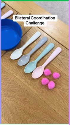 several spoons and bowls on a table with the words blatteral coordination challenge