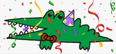 a cartoon alligator with a party hat and confetti on its head is surrounded by streamers and streamers