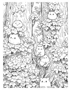 a black and white drawing of flowers in the woods