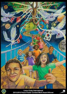 a painting of children on a bridge with doves flying above them and an image of the