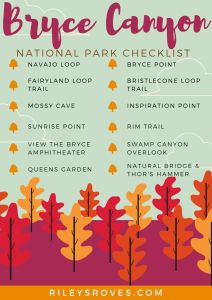 the bricee canyon national park checklist is shown with trees in fall colors