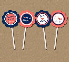 four candy lollipops with the names of each couple and their name on them