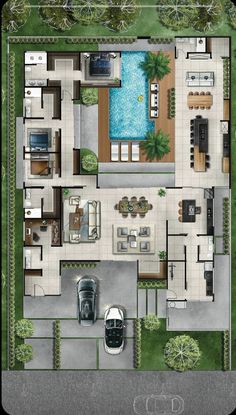 an aerial view of a house with a pool and car parked in the front yard