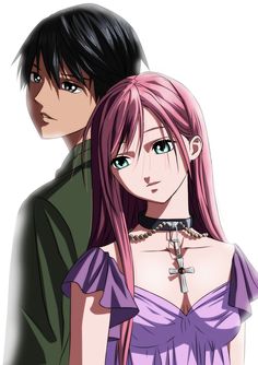 two anime characters one with pink hair and the other with green eyes, standing next to each other