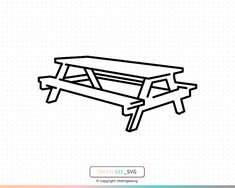 a black and white line drawing of a picnic table with two benches on the top