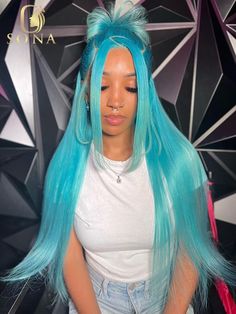 13x6 Light Blue Straight Lace Front Human Hair Wigs Lake Blue Body Wave 13x4 HD Transparent Colored Birthday Hairstyles, Dyed Hair Inspiration, Straight Lace Front Wigs