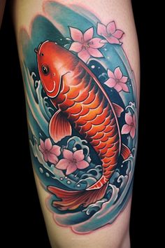 a tattoo with a koi fish and flowers on it