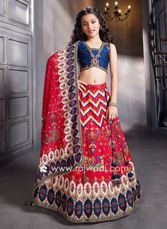 Stunning Red And Dark Blue Chiffon Lehenga Choli...