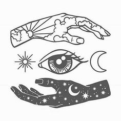 two hands holding an eye and stars above it, with the moon in the sky