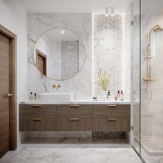 a bathroom with two sinks and a large mirror on the wall next to the shower