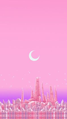 a pink cityscape with a crescent moon in the sky