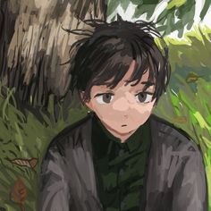 a digital painting of a young man sitting in the grass next to a tree with his eyes wide open