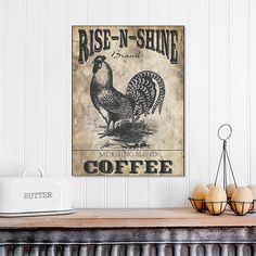 a rooster is standing on top of a coffee table with eggs in front of it