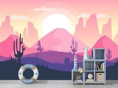 a living room scene with cactus trees and mountains in the backgroung wallpaper