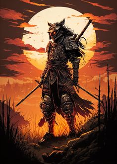 a man in armor standing on top of a hill under a full moon with two swords