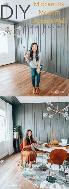 two pictures of a woman standing in front of a table and chair with the words diy on it