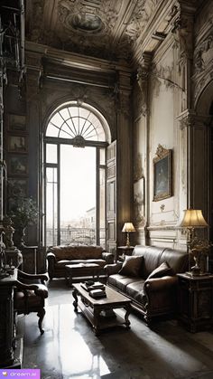 a living room filled with lots of furniture next to a large window covered in ornate carvings