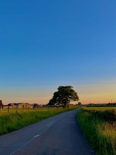 an empty road in the middle of a grassy field with a tree on one side