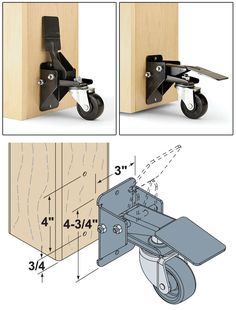 two pictures showing the different parts of a door handle and pulley with measurements for each part