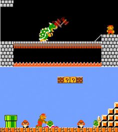 an old - school video game with mario running across the bridge and another character in action