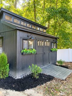 a small shed with plants growing on the windows