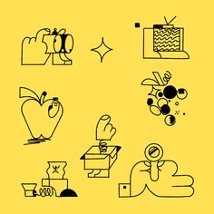 black and white drawings on yellow paper depicting different things in the room, including an apple