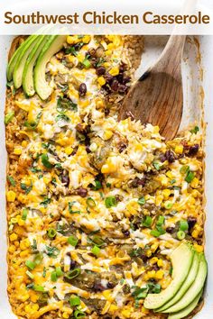 southwest chicken casserole with avocado and black beans in a baking dish