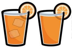 two glasses filled with orange juice and ice cubes next to each other on a white background