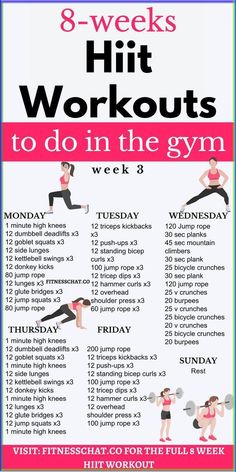 the 8 - week hiit workout to do in the gym is shown on this poster