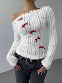 Wome New Year Tops Elegant Top Commuting, Leisure, Party Christmas Clothes Women Christmas Element Contrast Color Velvet Lace Bow Long Sleeve T-Shirt, White White Casual  Long Sleeve Lace Plain  Medium Stretch  Women Clothing, size features are:Bust: ,Length: ,Sleeve Length: Yarn Project, Crochet White, Knit Christmas, Christmas Outfits Women, Christmas Clothes, Christmas Tops, Lace Bow, Velvet Lace, Lace Bows