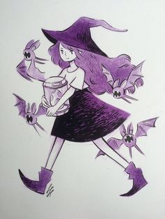 a drawing of a girl dressed as a witch holding a mug with bats around her