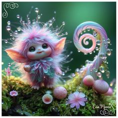 a pink and green troll doll sitting on top of a moss covered ground next to flowers