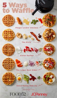 waffles with different toppings on them and the words 5 ways to waffle