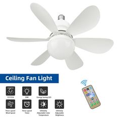 the ceiling fan is white and has four remote controls on each side, including an appliance