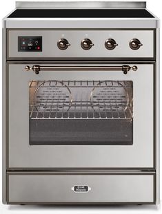 30" Freestanding Induction Range with 4 Elements, 3 Cu. Ft. Capacity, Storage Drawer, Self-Clean, and Convection Oven: Stainless Steel, Bronze Trim. Magnetic waves induce heat directly in the pan for quick boiling and intense sears, leaving less heat on the surface. The large capacity oven gives plenty of space to cook multiple dishes. It provides storage for pots and pans. It also serves as the dish warmer drawer by using the residual heat from the oven for heating up your plates. Makes cooking Ilve Range, Freestanding Range, Kitchen Centerpiece, Fancy Kitchens, Induction Range, Dual Fuel Ranges, Iron Grate, 4 Elements, Cool Doors